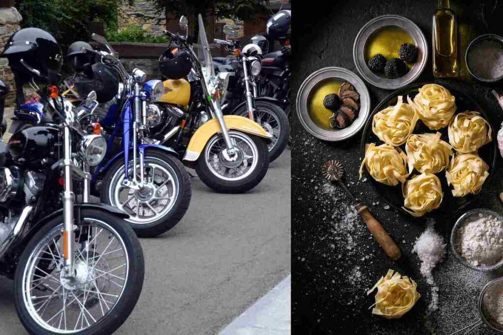 moto parcheggiate sulla sinistra e pasta a base di tartufo sulla destra