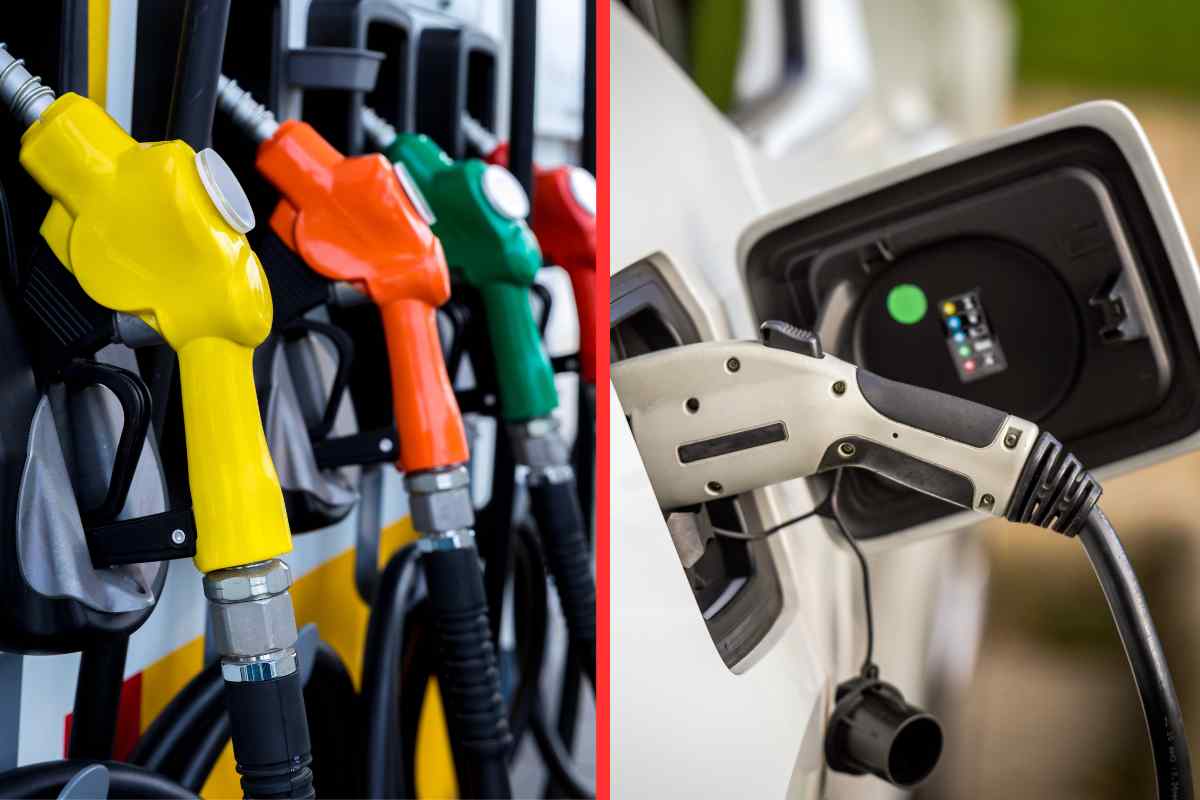 Una pompa di benzina tradizionale ed una ricarica elettrica